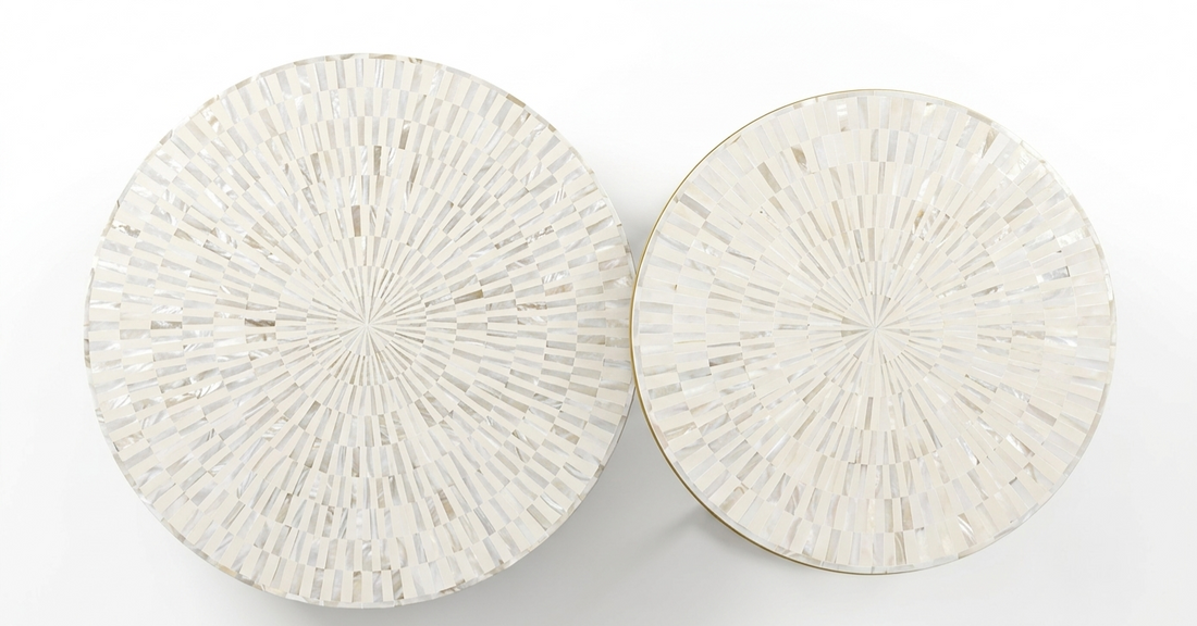 Mother of Pearl Inlay Coffee Table and Nesting Table Set, White Round Tables