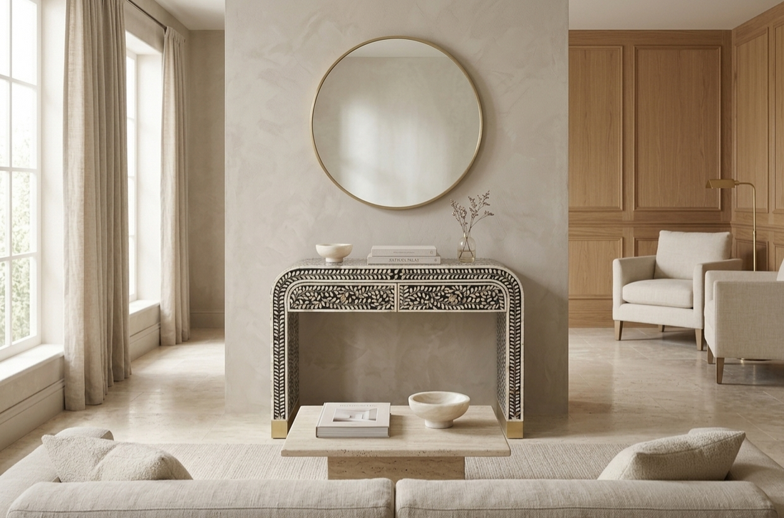Mother of Pearl Inlay 2 Drawer Console Table, Black and White U Shape Design