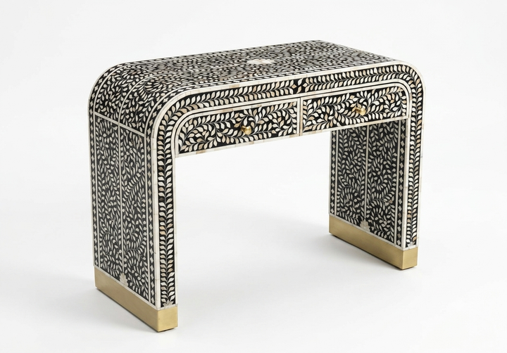 Mother of Pearl Inlay 2 Drawer Console Table, Black and White U Shape Design