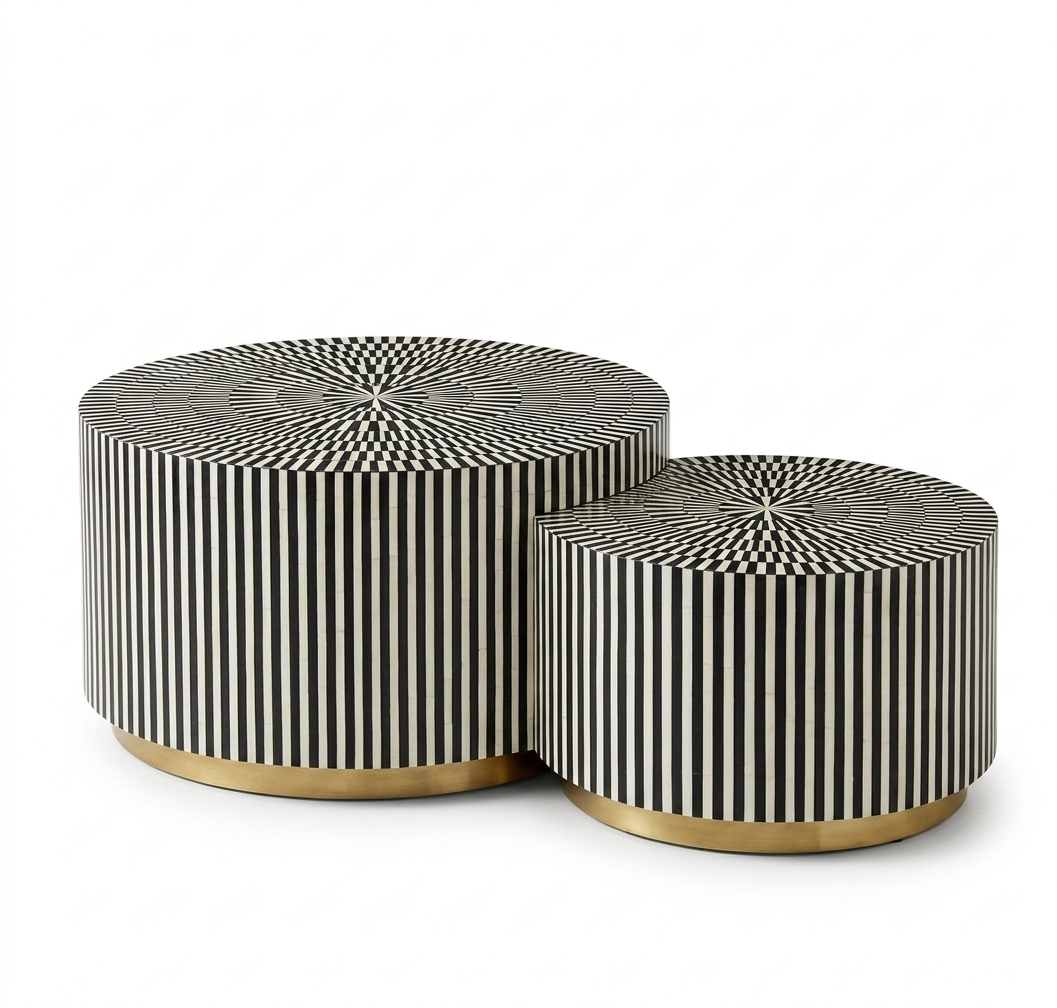 Bone Inlay Black and White Coffee Table Set of 2, Round Nesting Tables