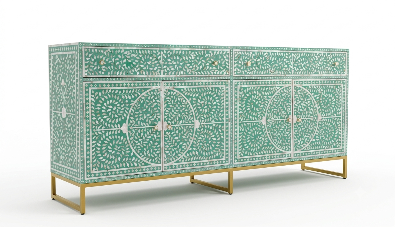 Mother of Pearl Inlay Buffet Cabinet, Sea Green 2 Drawer 4 Door Sideboard