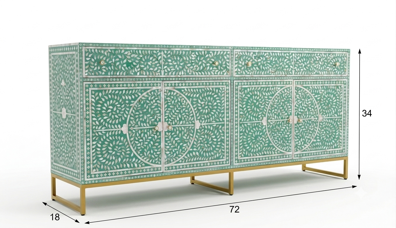 Mother of Pearl Inlay Buffet Cabinet, Sea Green 2 Drawer 4 Door Sideboard