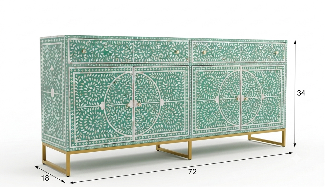 Mother of Pearl Inlay Buffet Cabinet, Sea Green 2 Drawer 4 Door Sideboard