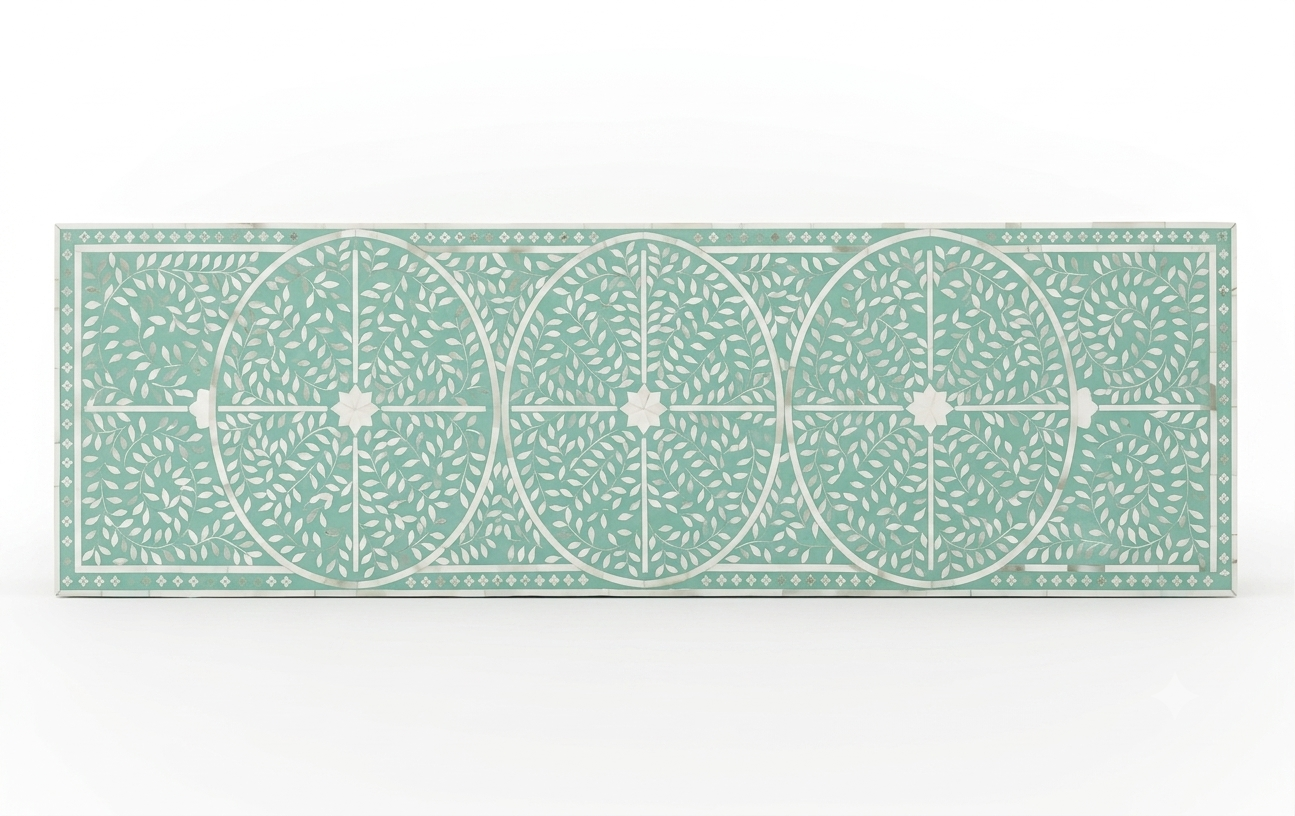 Mother of Pearl Inlay Buffet Cabinet, Sea Green 2 Drawer 4 Door Sideboard