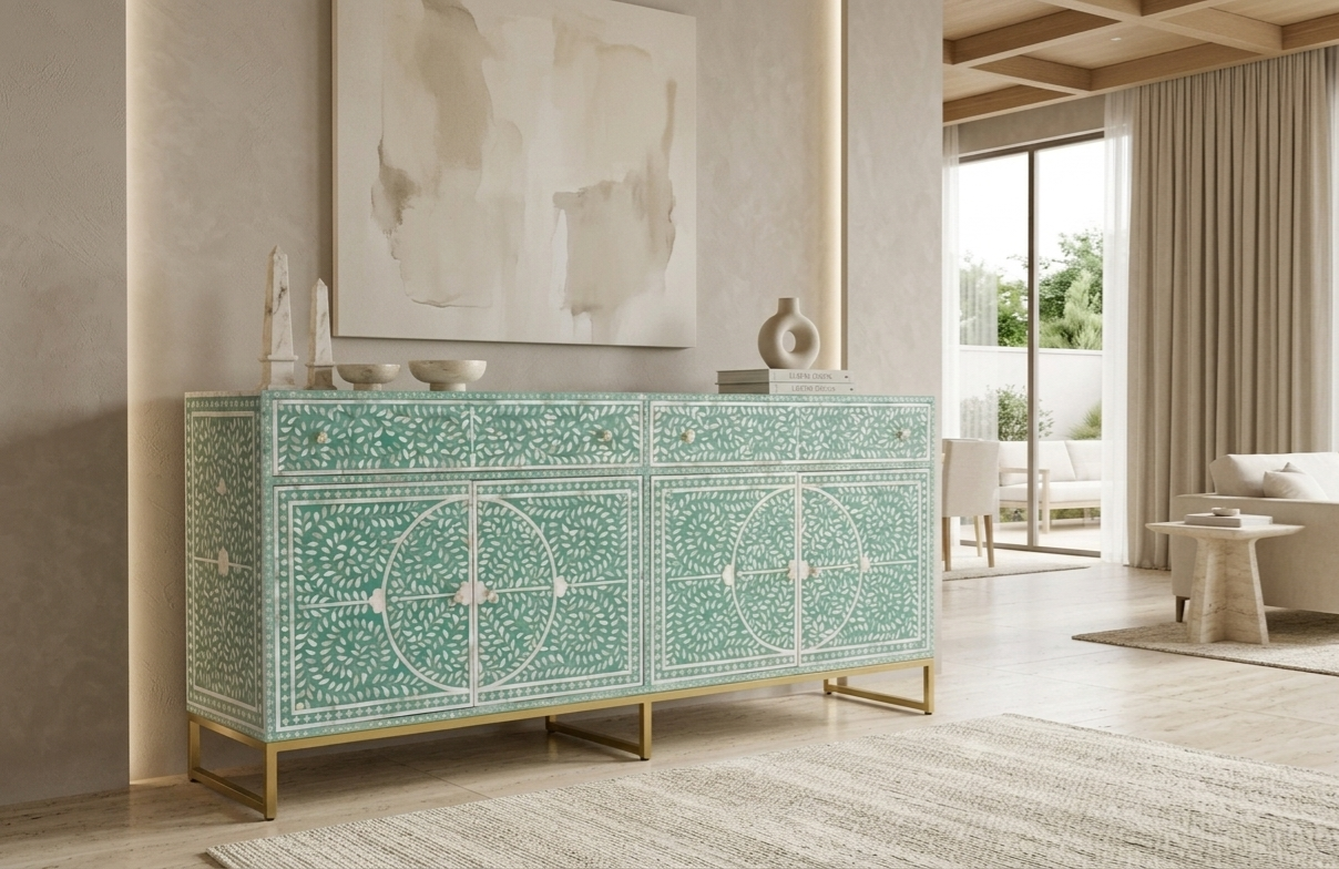 Mother of Pearl Inlay Buffet Cabinet, Sea Green 2 Drawer 4 Door Sideboard