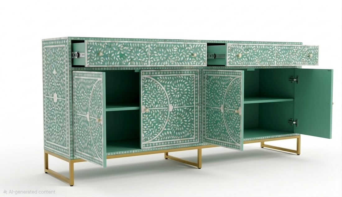 Mother of Pearl Inlay Buffet Cabinet, Sea Green 2 Drawer 4 Door Sideboard