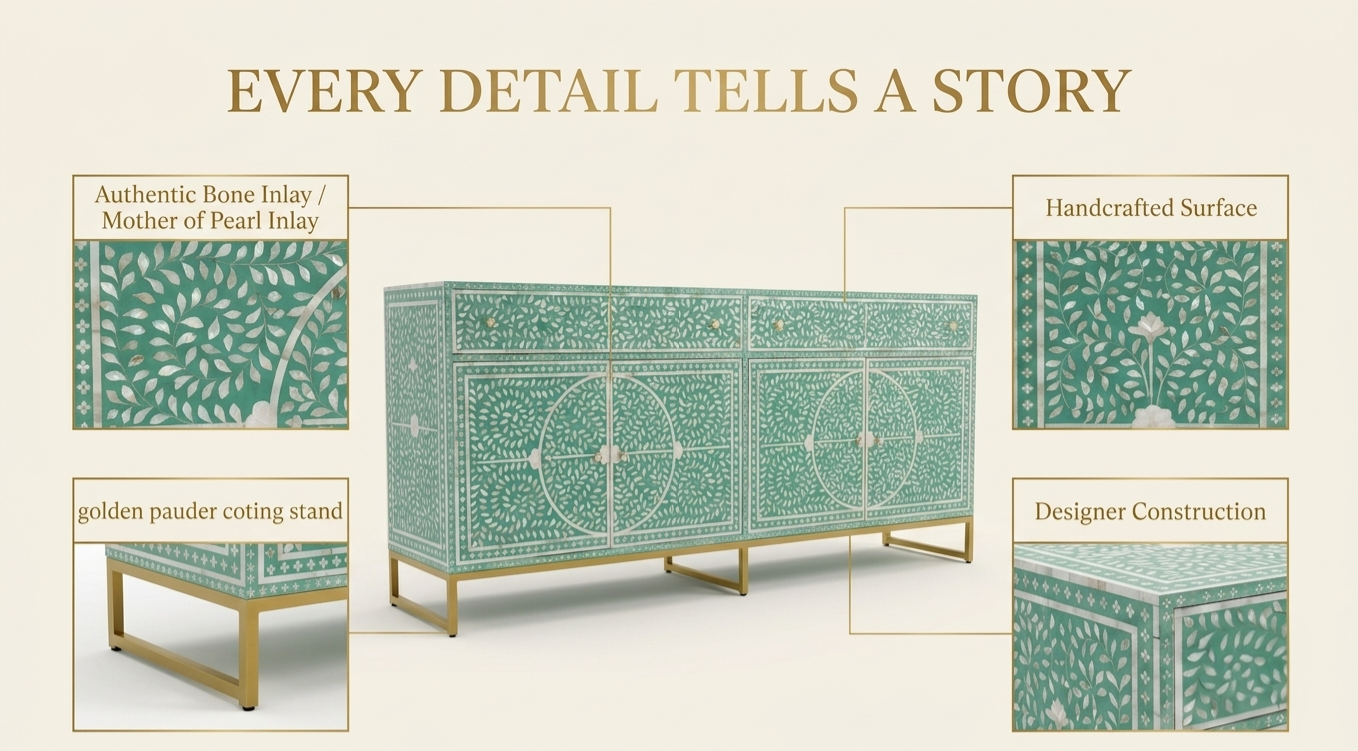 Mother of Pearl Inlay Buffet Cabinet, Sea Green 2 Drawer 4 Door Sideboard