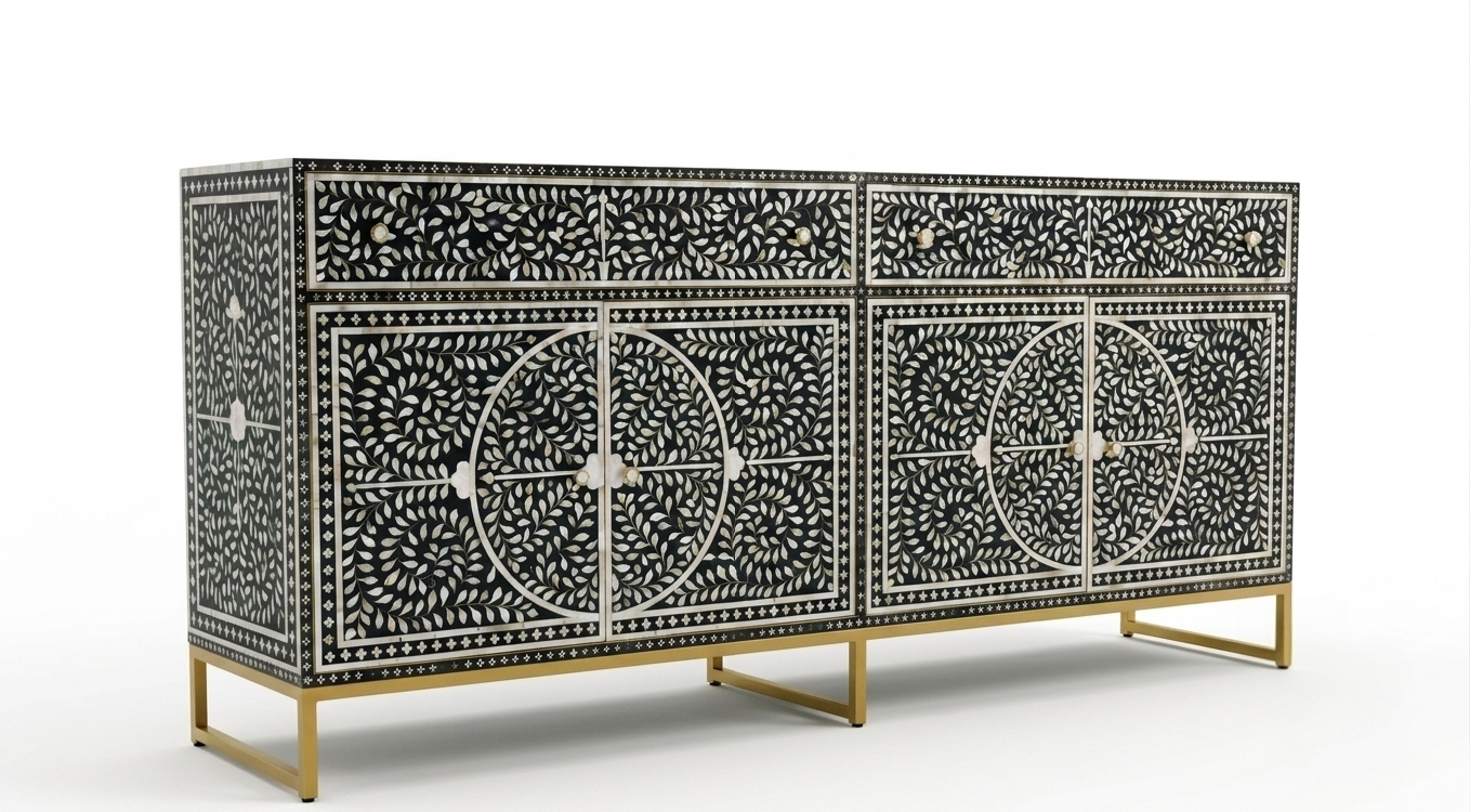 Mother of Pearl Inlay Buffet Cabinet, Sea Green 2 Drawer 4 Door Sideboard