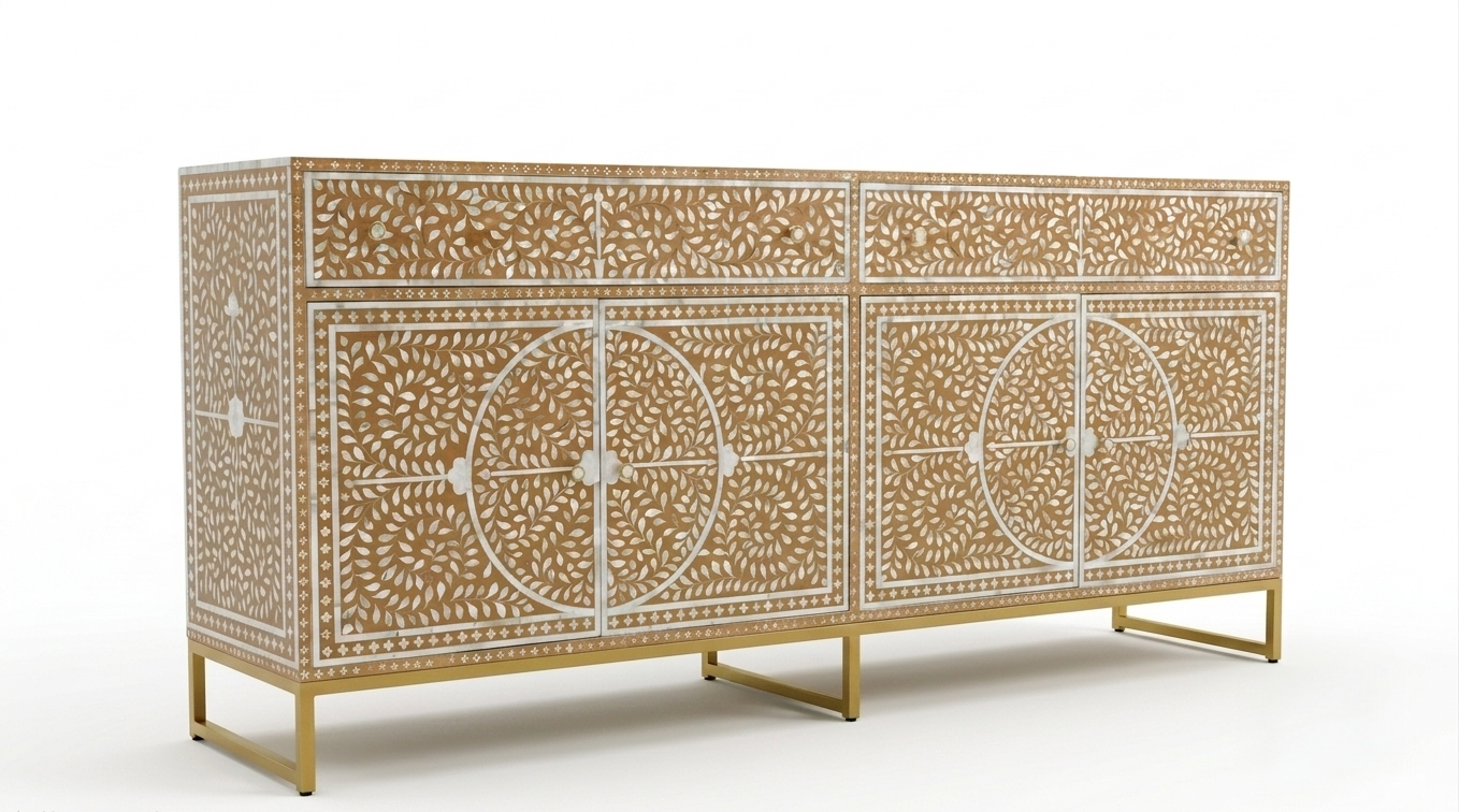 Mother of Pearl Inlay Buffet Cabinet, Sea Green 2 Drawer 4 Door Sideboard