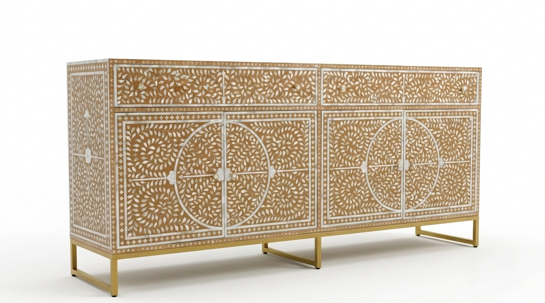 Mother of Pearl Inlay Buffet Cabinet, Sea Green 2 Drawer 4 Door Sideboard