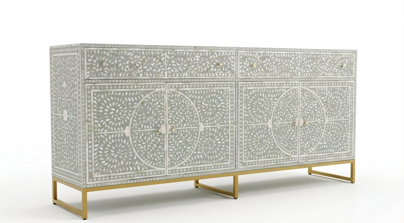 Mother of Pearl Inlay Buffet Cabinet, Sea Green 2 Drawer 4 Door Sideboard