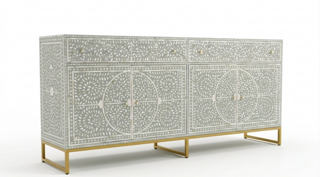 Mother of Pearl Inlay Buffet Cabinet, Sea Green 2 Drawer 4 Door Sideboard