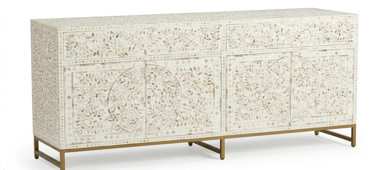 Mother of Pearl Inlay Buffet Cabinet, Sea Green 2 Drawer 4 Door Sideboard