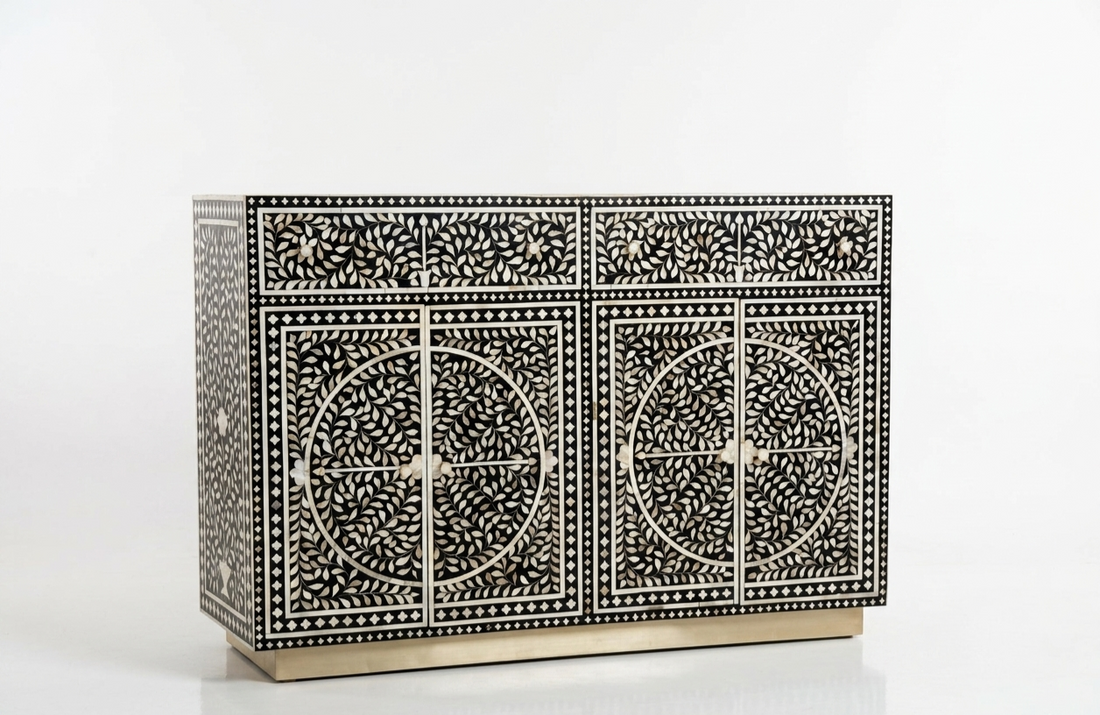 Mother of Pearl Inlay 4 Door 2 Drawer Buffet Cabinet with Brass Stand