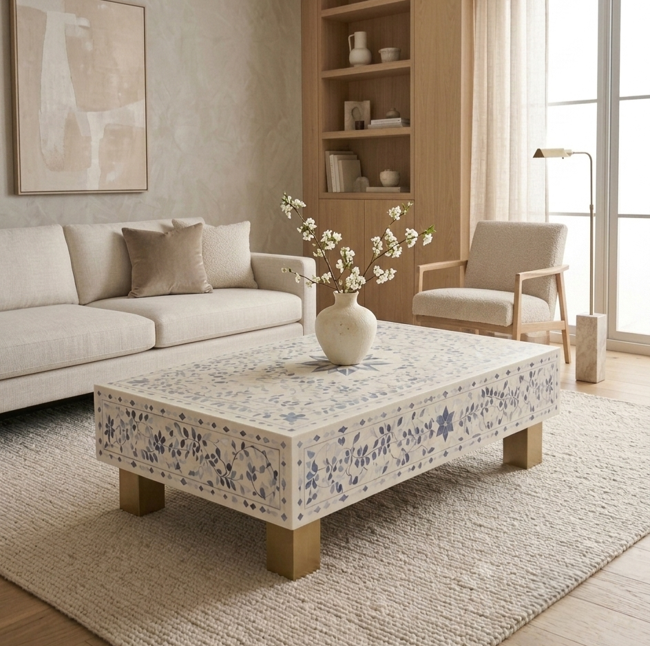 Blue Bone Inlay Rectangular Coffee Table, White Resin Top with Brass Legs