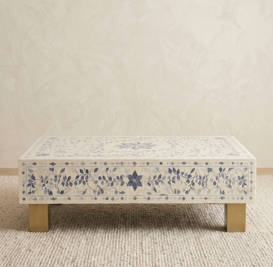 Blue Bone Inlay Rectangular Coffee Table, White Resin Top with Brass Legs