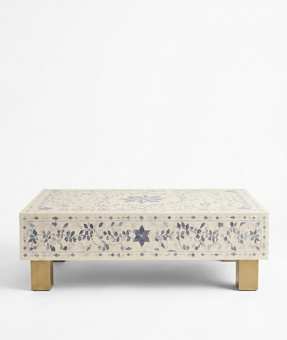 Blue Bone Inlay Rectangular Coffee Table, White Resin Top with Brass Legs