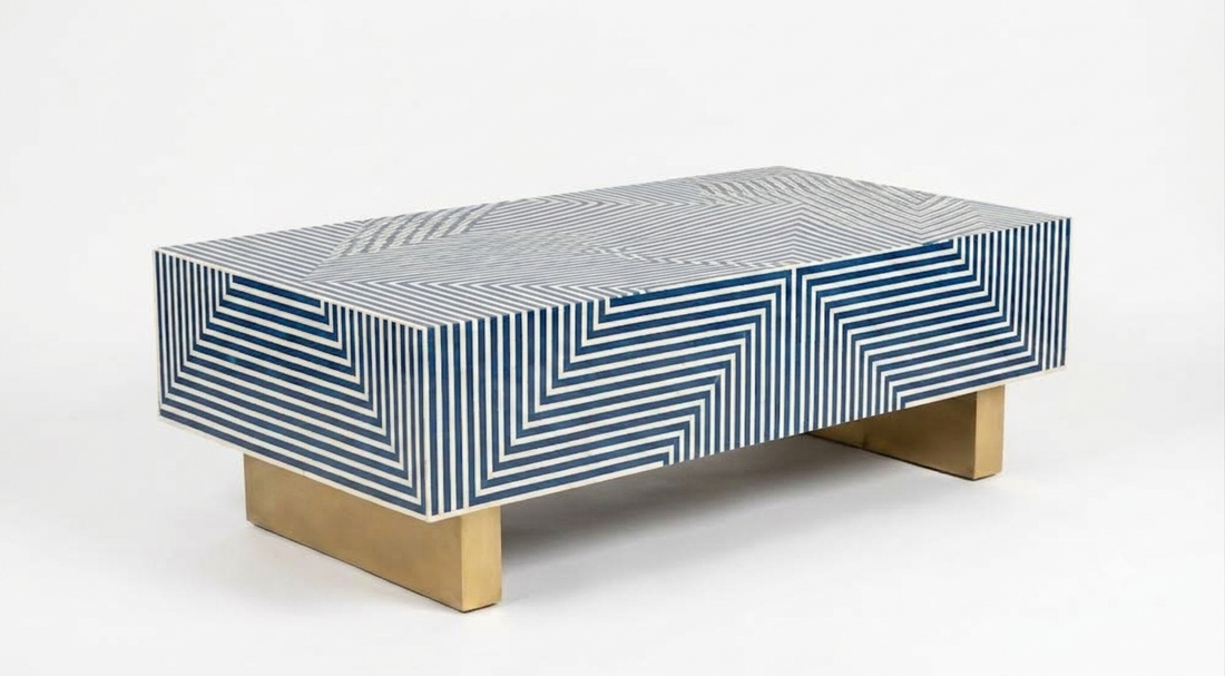 Bone Inlay Rectangular Coffee Table, Grey and White Luxury Table with Brass Legs
