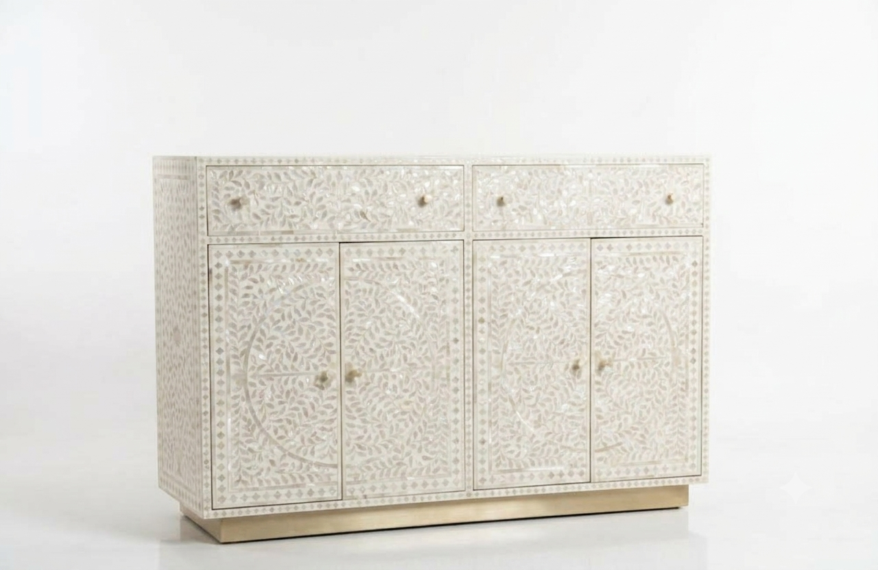 Mother of Pearl Inlay 4 Door 2 Drawer Buffet Cabinet with Brass Stand