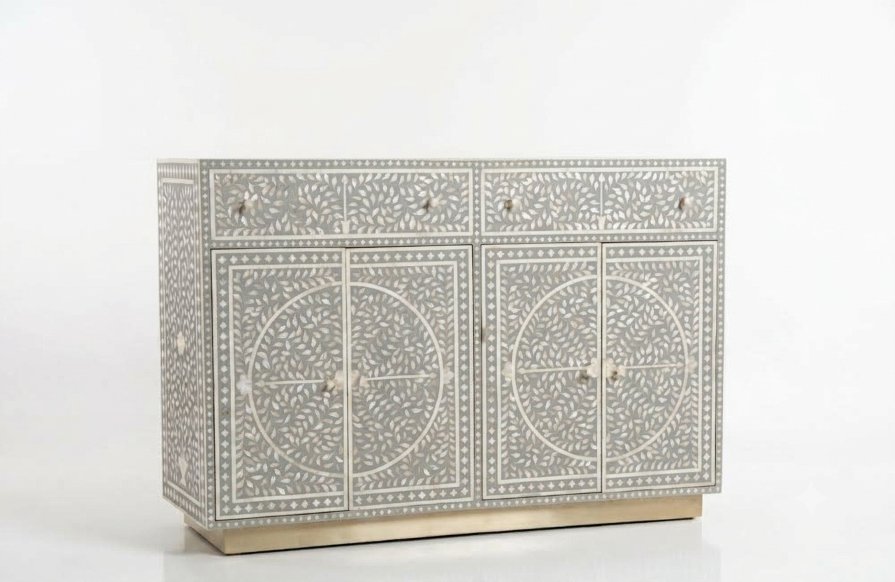 Mother of Pearl Inlay 4 Door 2 Drawer Buffet Cabinet with Brass Stand