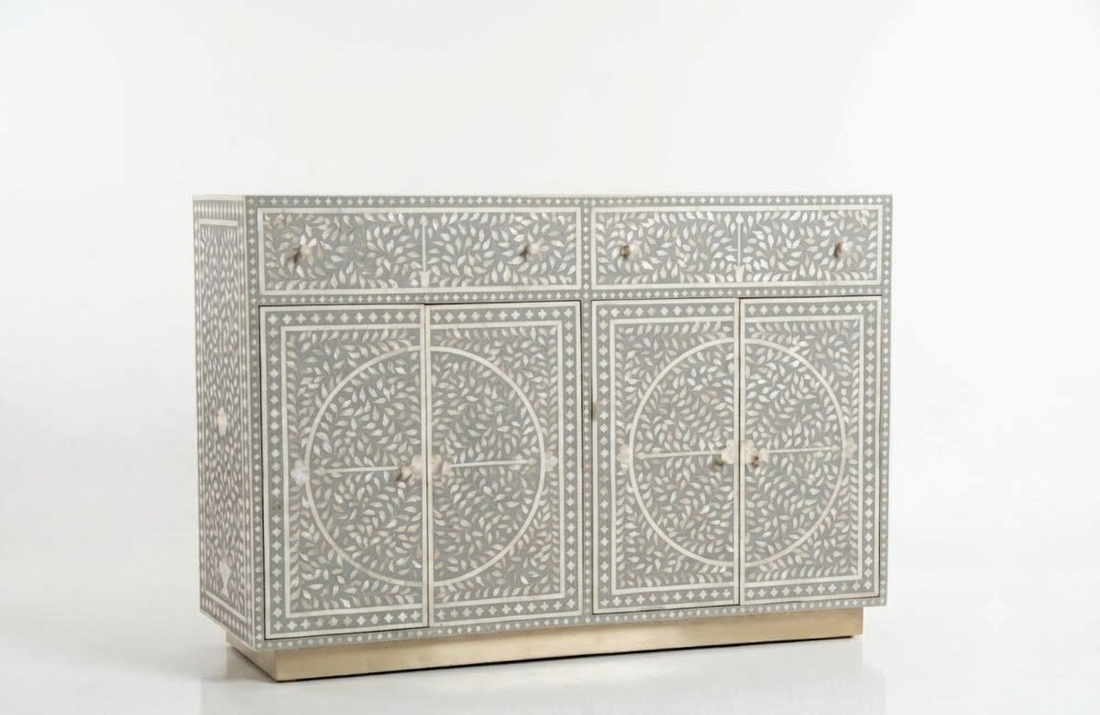 Mother of Pearl Inlay 4 Door 2 Drawer Buffet Cabinet with Brass Stand