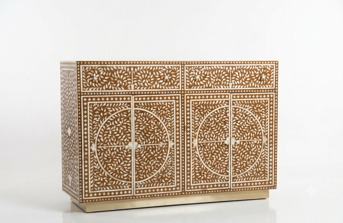 Mother of Pearl Inlay 4 Door 2 Drawer Buffet Cabinet with Brass Stand