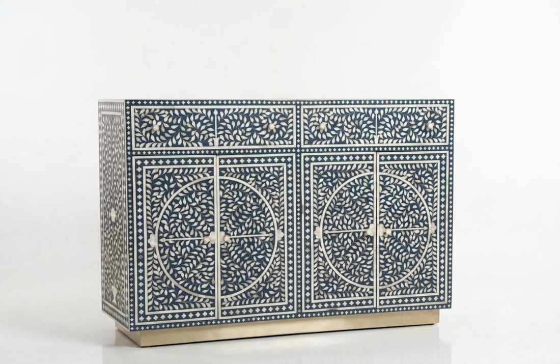 Mother of Pearl Inlay 4 Door 2 Drawer Buffet Cabinet with Brass Stand