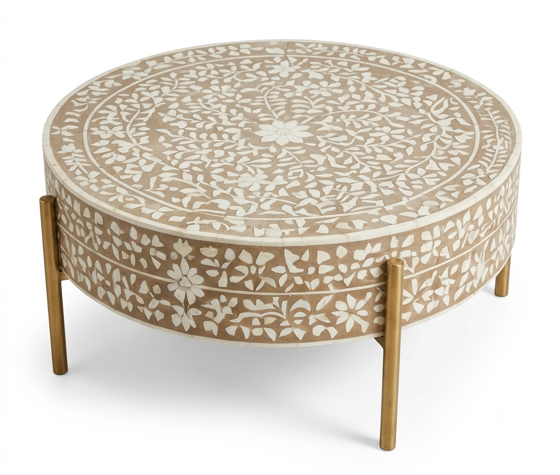 Brown and White Bone Inlay Round Coffee Table with Golden Legs