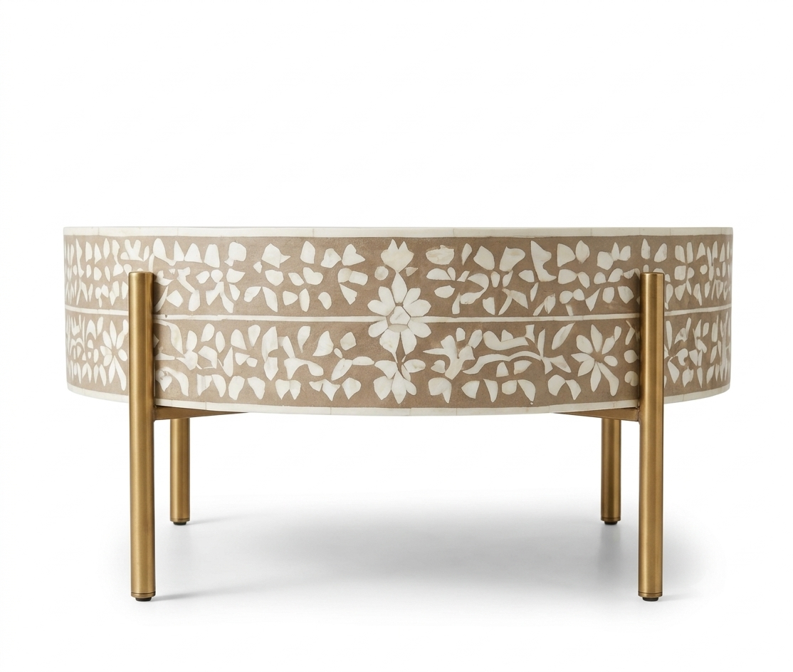 Brown and White Bone Inlay Round Coffee Table with Golden Legs