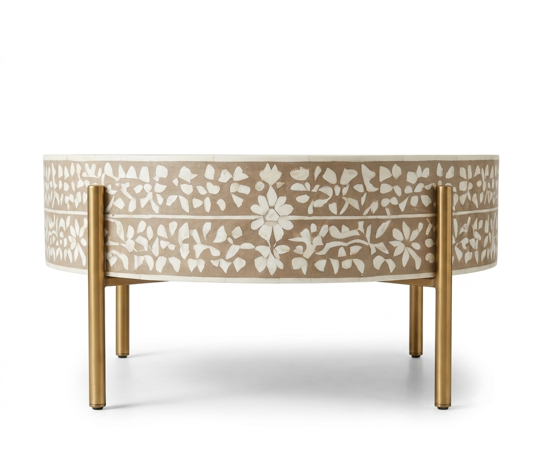 Brown and White Bone Inlay Round Coffee Table with Golden Legs