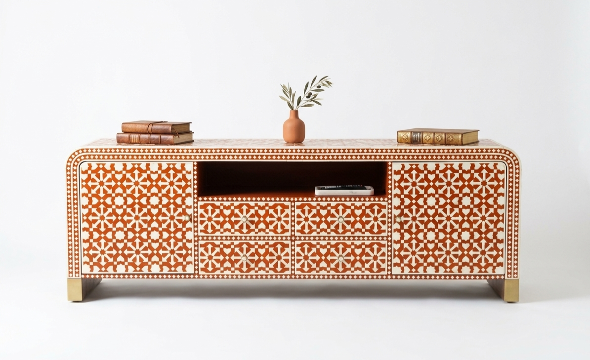 Bone Inlay Orange & White 4-Drawer 2-Door TV Unit Cabinet with Open Shelf