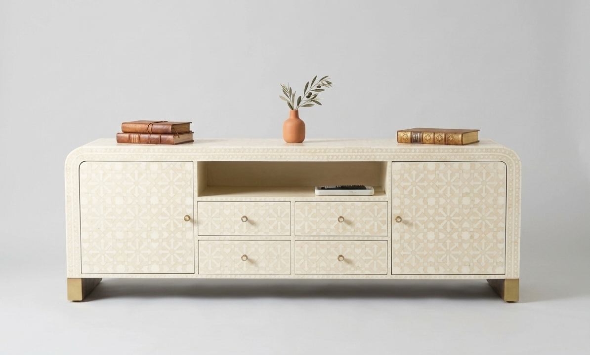 Bone Inlay Orange & White 4-Drawer 2-Door TV Unit Cabinet with Open Shelf