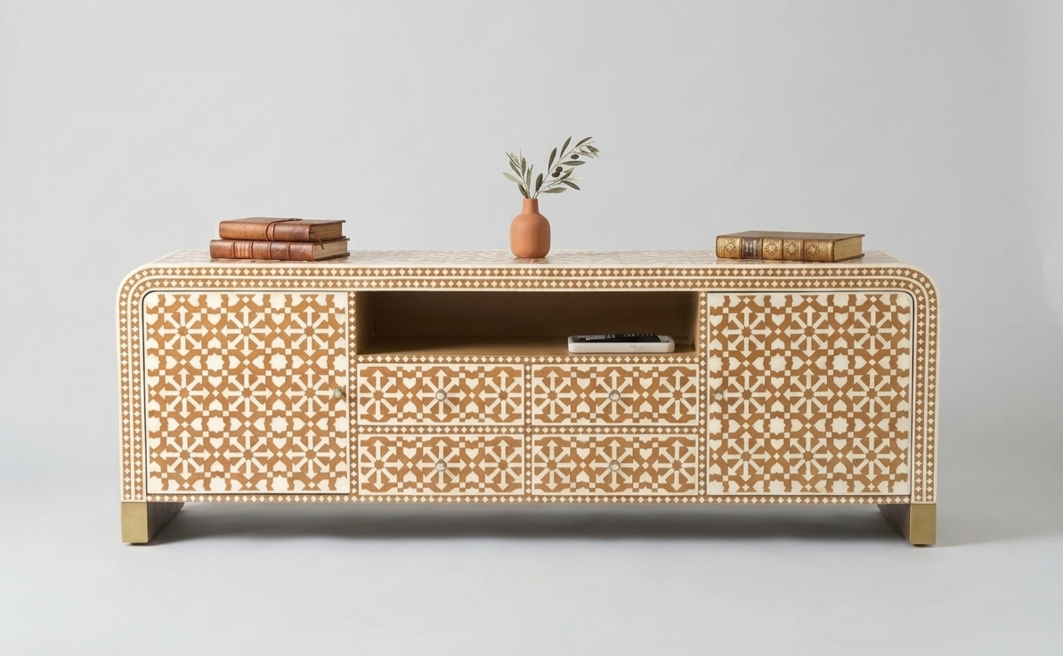 Bone Inlay Orange & White 4-Drawer 2-Door TV Unit Cabinet with Open Shelf