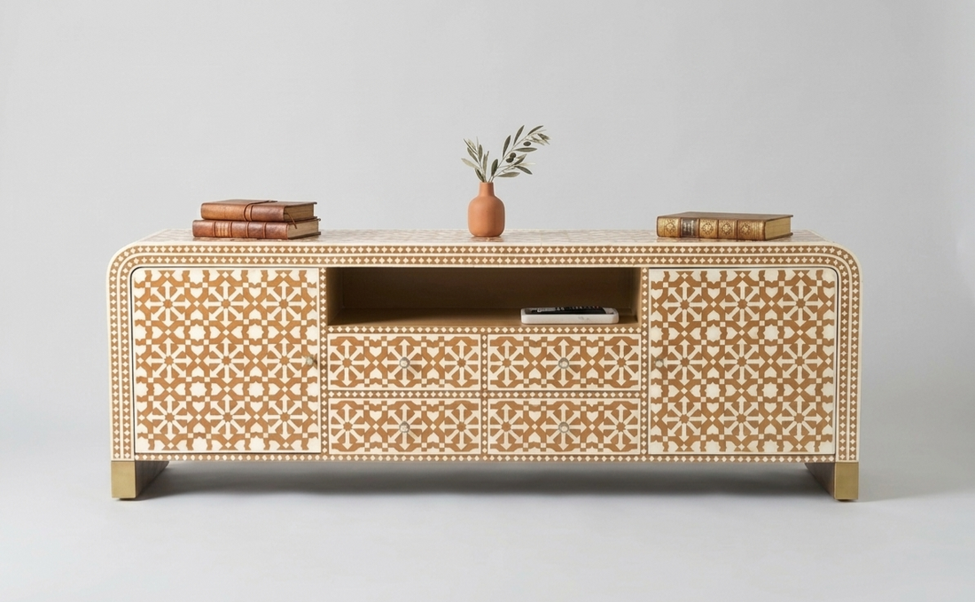 Bone Inlay Orange & White 4-Drawer 2-Door TV Unit Cabinet with Open Shelf