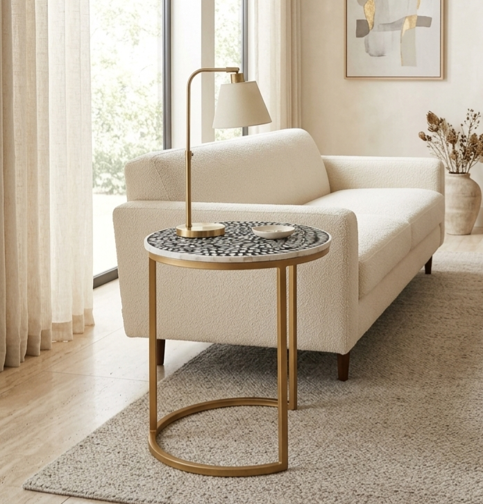 Black and White Mother of Pearl Inlay Round Side Table