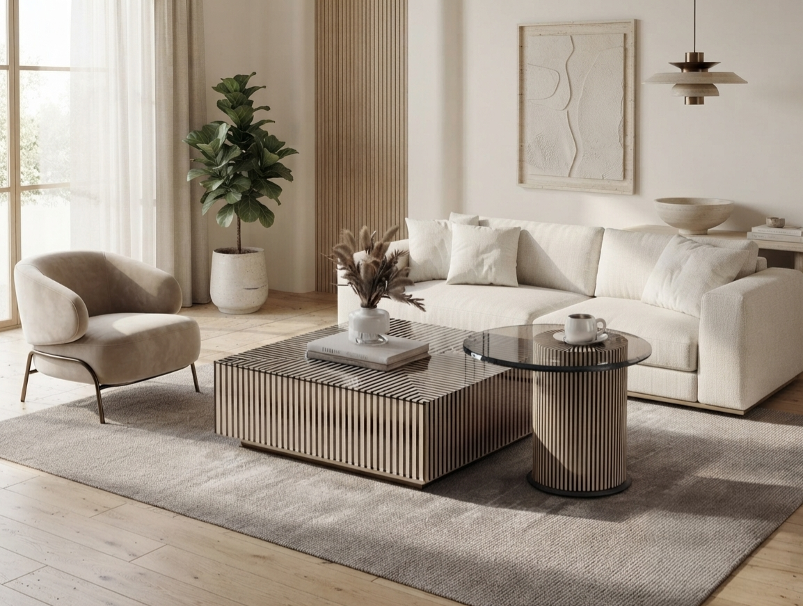 Bone Inlay Coffee Table and Round Side Table Set with Grey Glass and Black Finish