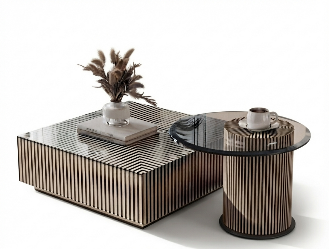Bone Inlay Coffee Table and Round Side Table Set with Grey Glass and Black Finish