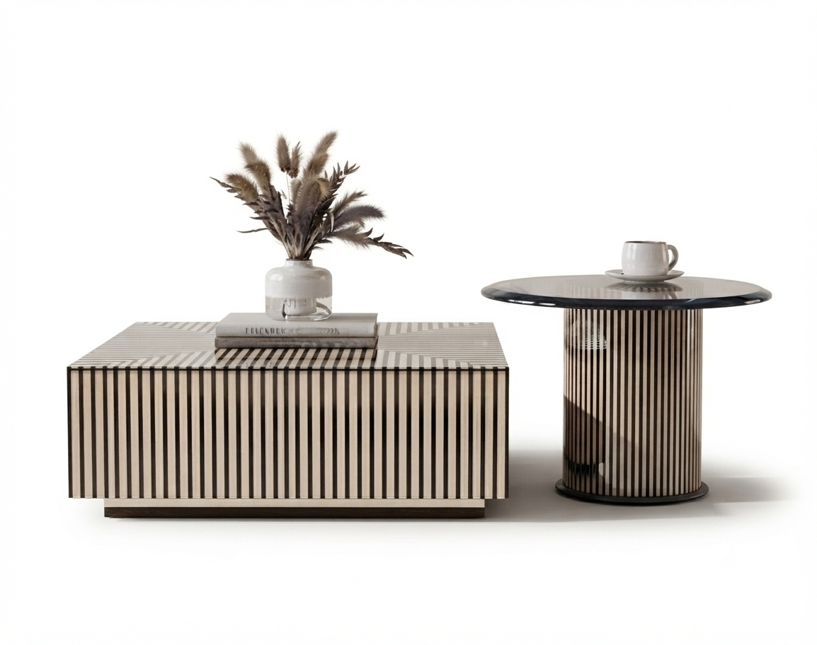 Bone Inlay Coffee Table and Round Side Table Set with Grey Glass and Black Finish