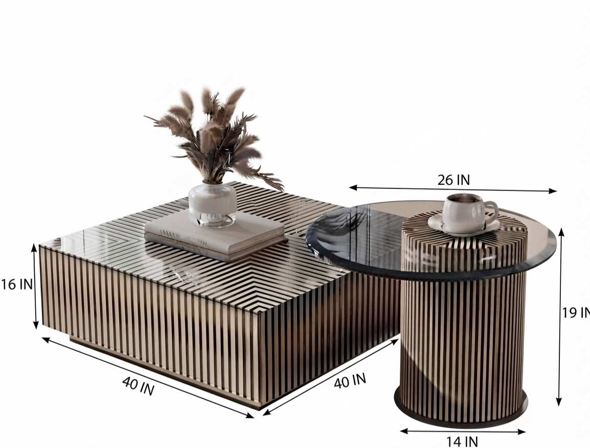 Bone Inlay Coffee Table and Round Side Table Set with Grey Glass and Black Finish