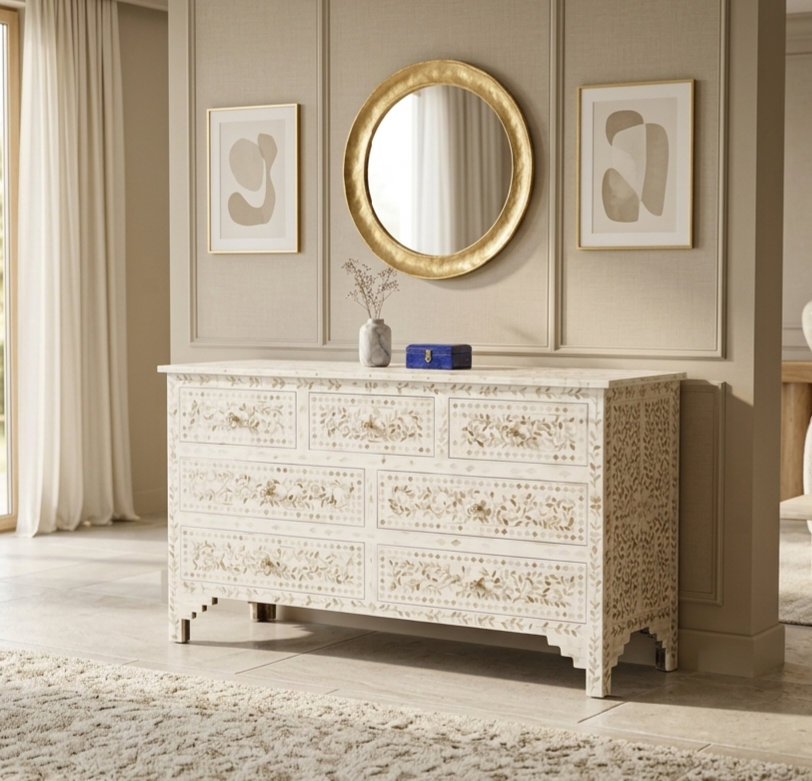 White Mother of Pearl Inlay 7 Drawer Chest of Drawers