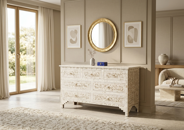 White Mother of Pearl Inlay 7 Drawer Chest of Drawers
