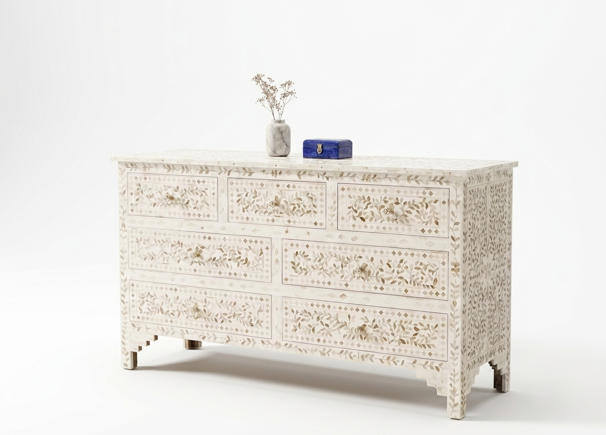 White Mother of Pearl Inlay 7 Drawer Chest of Drawers