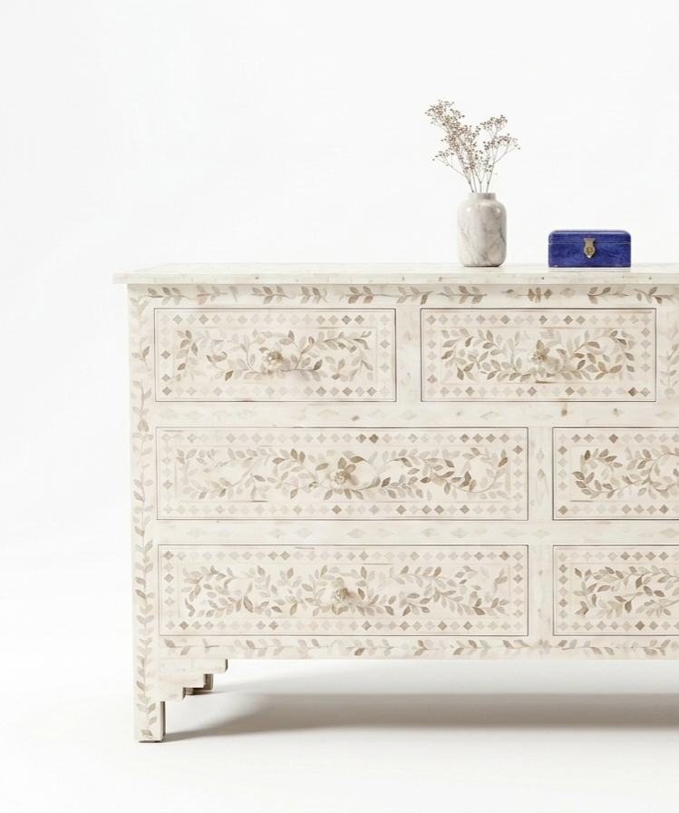 White Mother of Pearl Inlay 7 Drawer Chest of Drawers