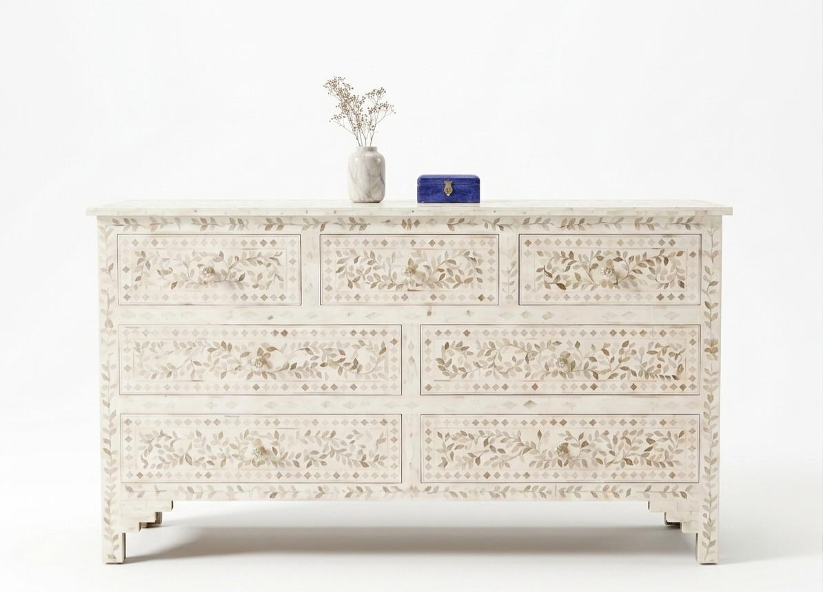 White Mother of Pearl Inlay 7 Drawer Chest of Drawers