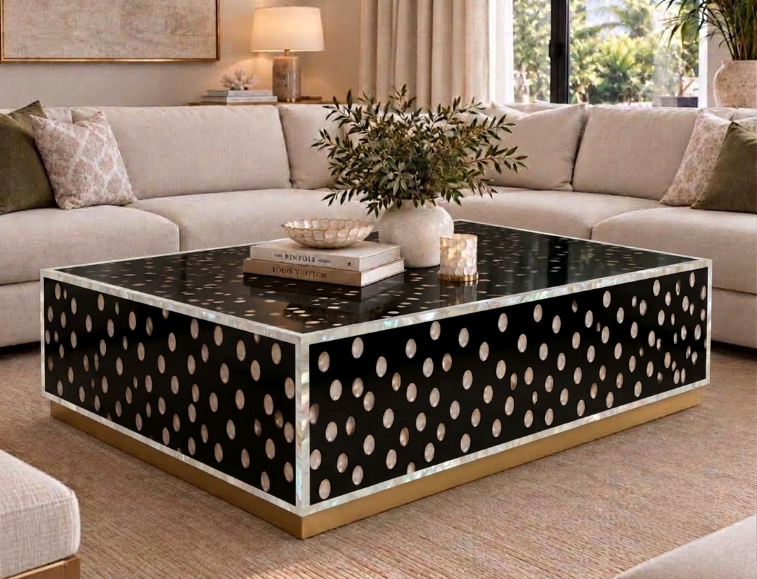 Mother of Pearl Inlay Black & White Coffee Table with Brass Stand