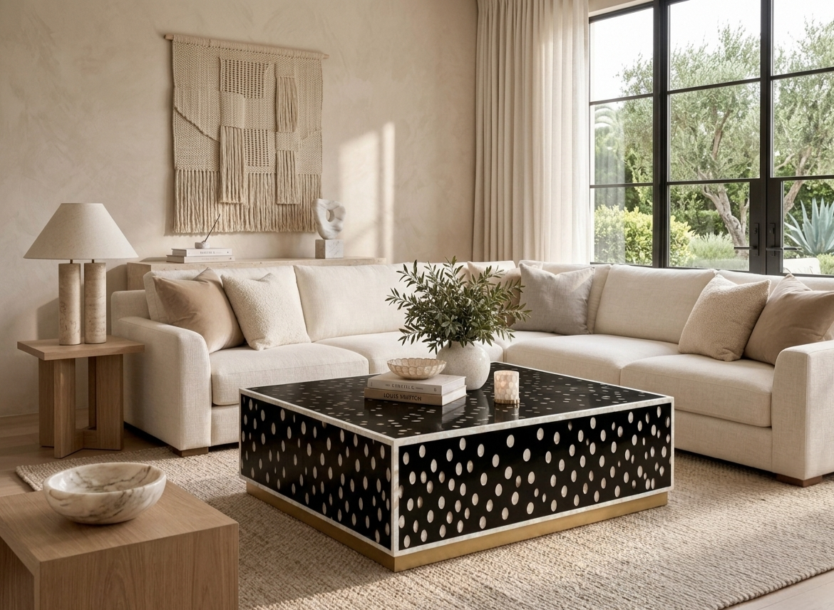 Mother of Pearl Inlay Black & White Coffee Table with Brass Stand