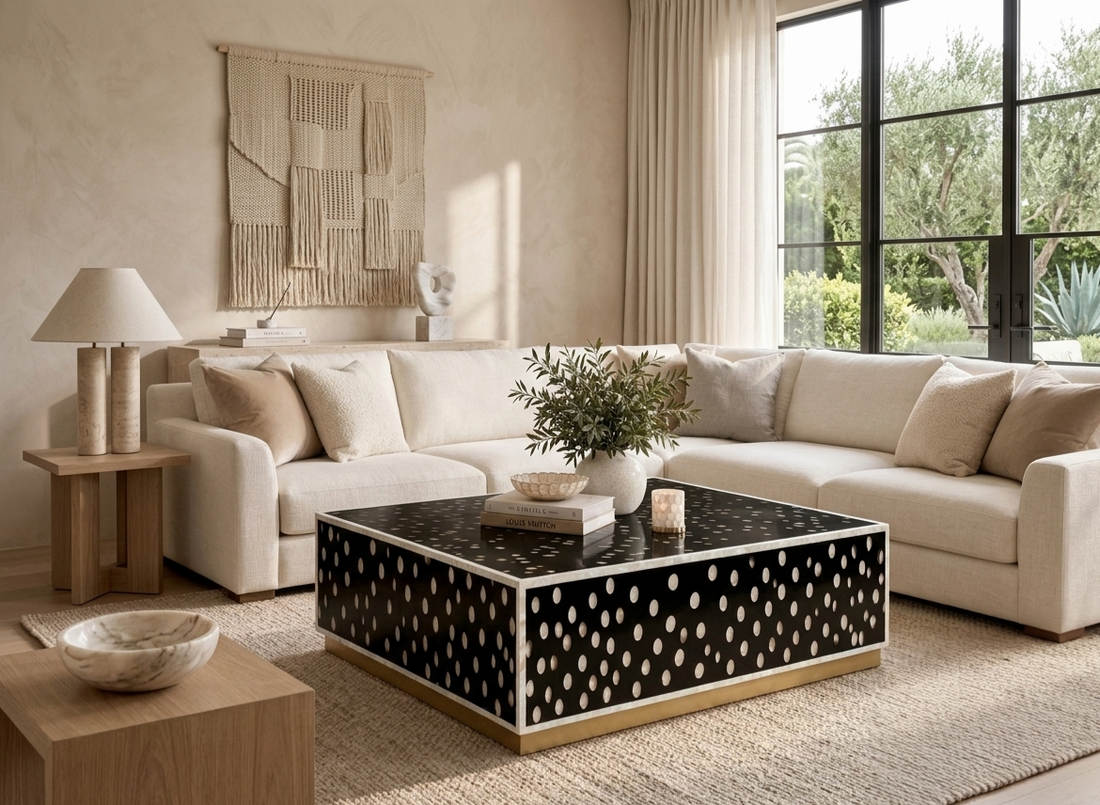 Mother of Pearl Inlay Black & White Coffee Table with Brass Stand