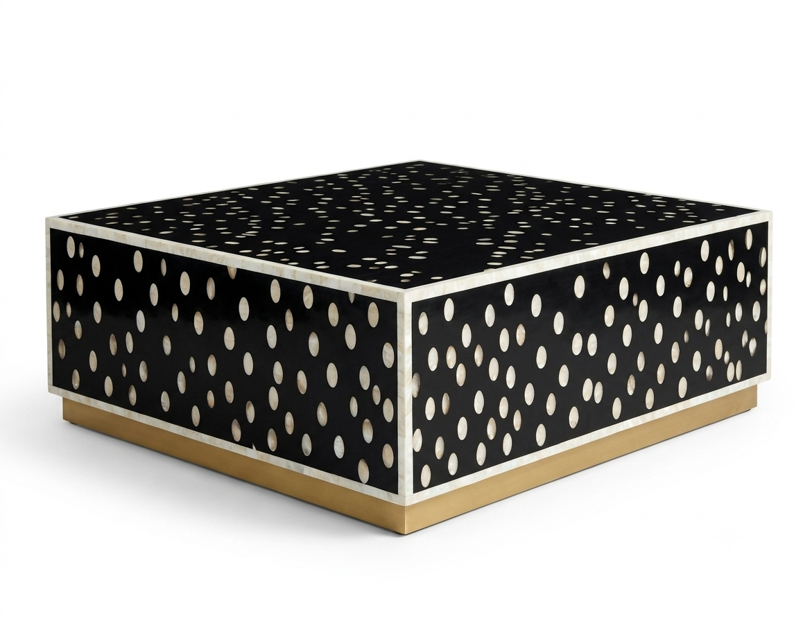 Mother of Pearl Inlay Black & White Coffee Table with Brass Stand