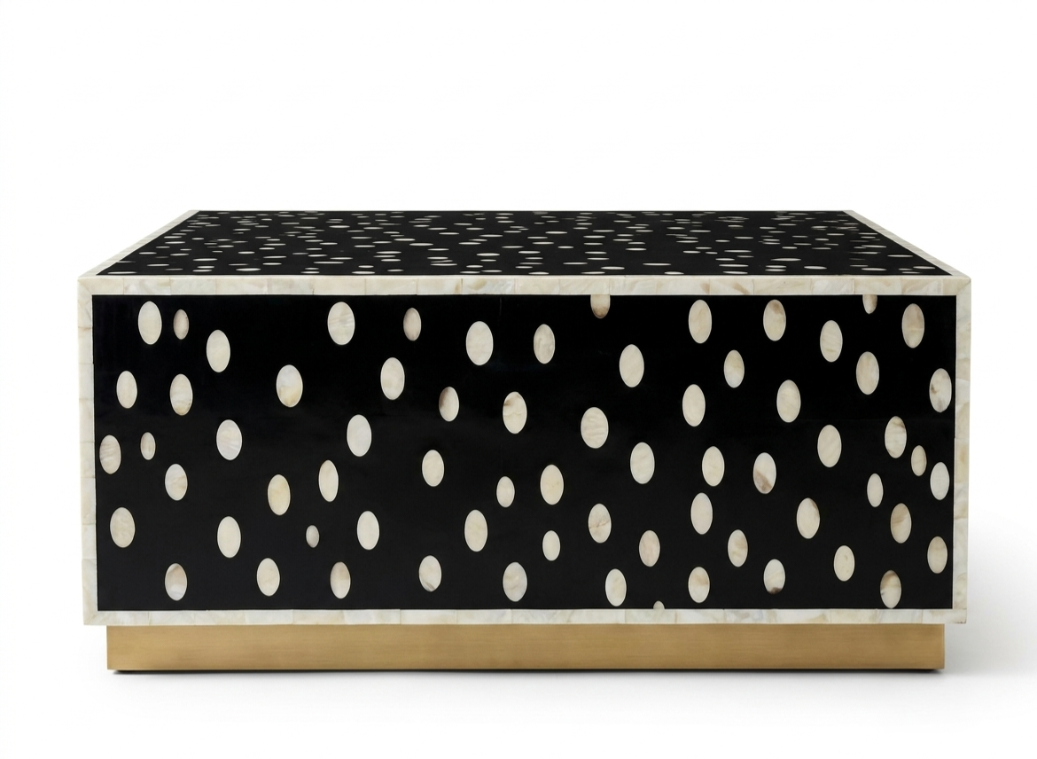 Mother of Pearl Inlay Black & White Coffee Table with Brass Stand