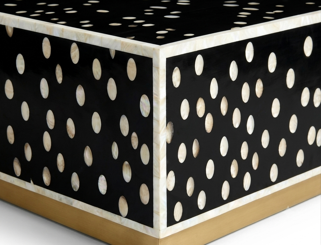 Mother of Pearl Inlay Black & White Coffee Table with Brass Stand